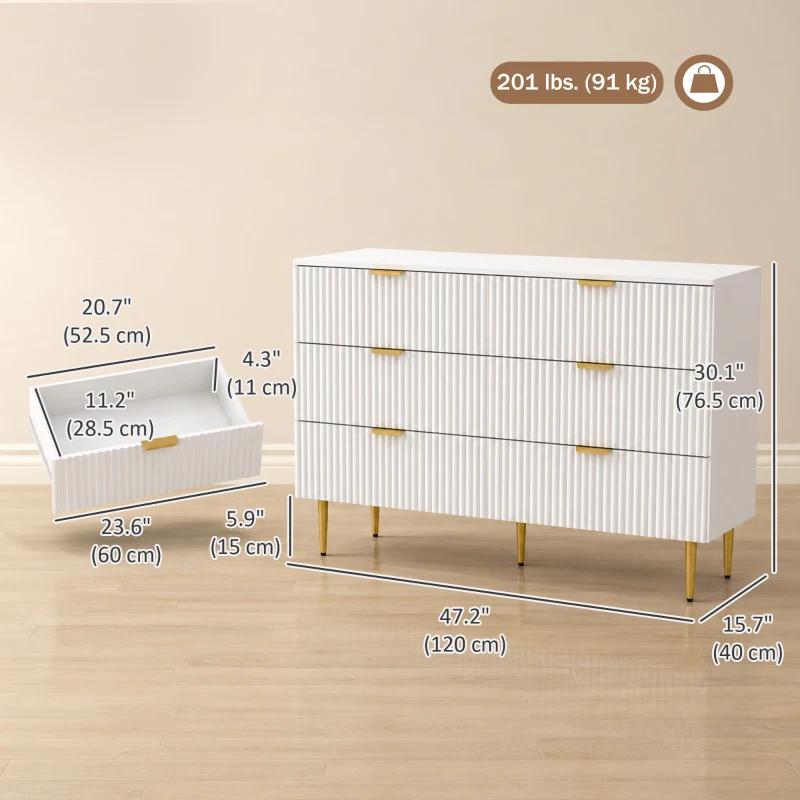 HOMCOM Modern Chest of Drawers 6 Drawer Dresser for Bedroom with Gold Legs and Handles, White