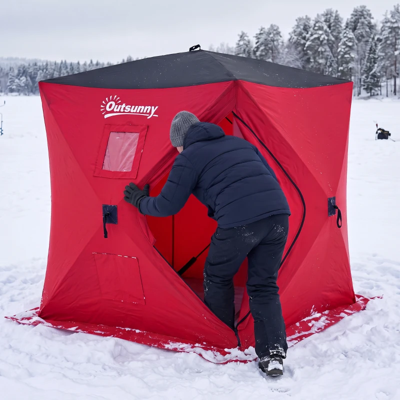 Outsunny 2 Person Ice Fishing Shelter, Pop-Up Portable Ice Fishing Tent with Carry Bag, Windows and Anchors for Low-Temp -22℉, Red