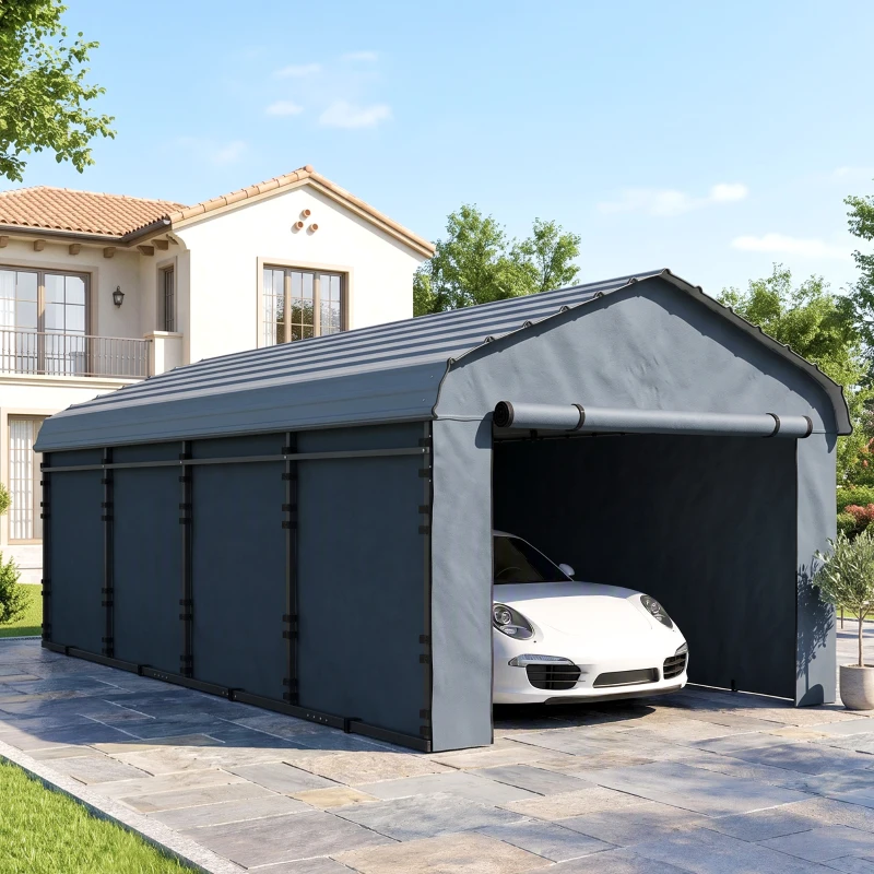 Outsunny 12' x 20' Metal Carport, Heavy Duty Garage Car Canopy with Galvanized Metal Roof and Removable Sidewalls, Dark Gray