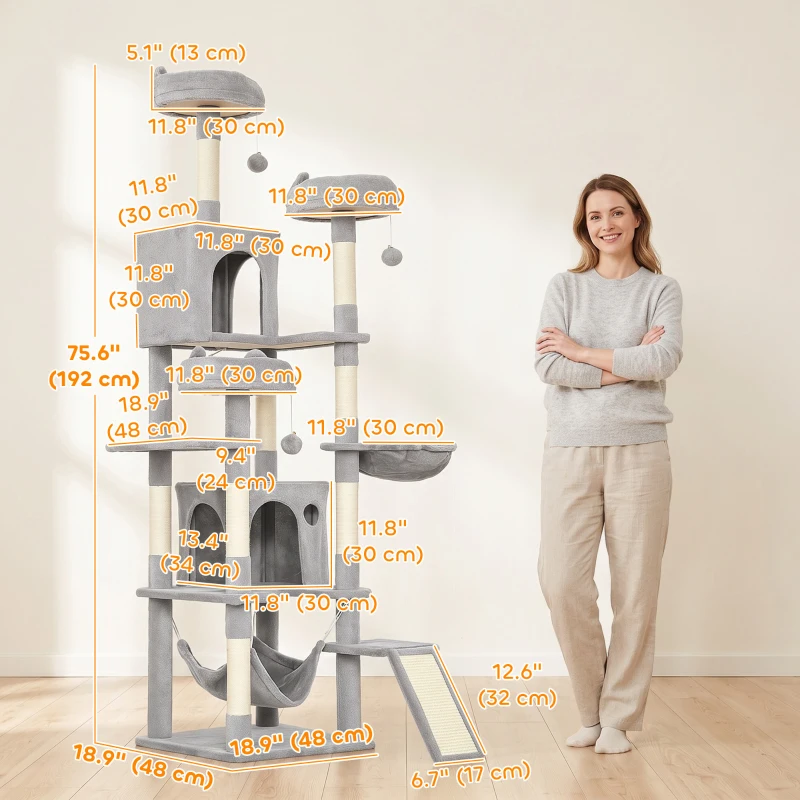 PawHut 76" Large Cat Tree for Indoor Cats with 8 Scratching Posts, 3 Plush Beds, 2 Hammocks, 2 Large Condos, Ramp, Light Grey