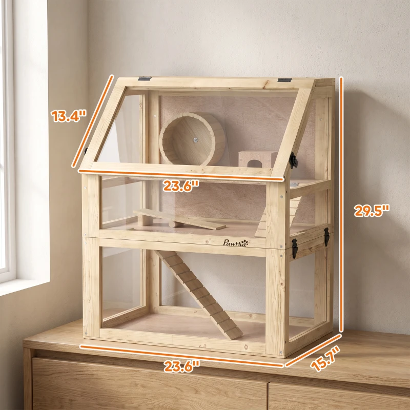 PawHut 3 Tier Wooden Hamster Cage w/ Detachable Bottom, Hut, Seesaw, Exercise Wheel, Ramps, 24" x 16" x 29.5"
