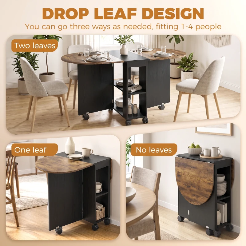 HOMCOM Folding Dining Table, Drop Leaf Table with 2 Shelves for Small Spaces, 120cm, Rustic Brown