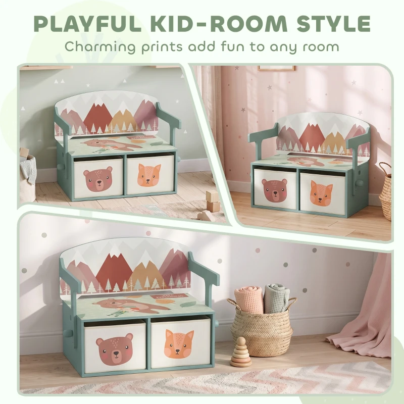 Qaba Kids Toy Box Chest, 3-in-1 Convertible Wooden Toy Storage Bench w/  2 Non-Woven Drawers, for Bedroom, Playroom, Green