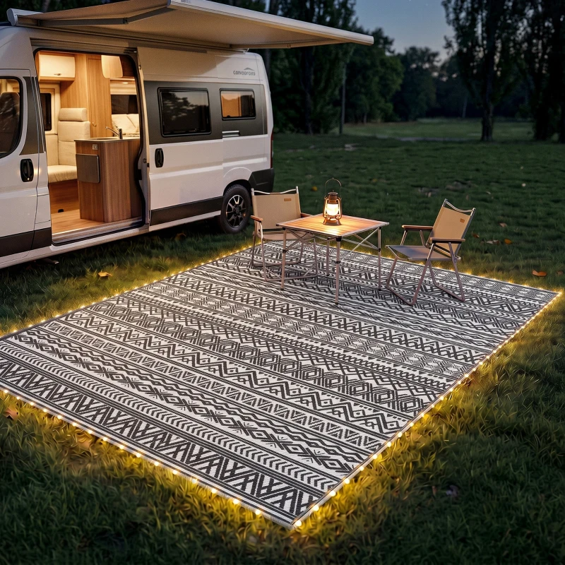 Outsunny Outdoor Rug Carpet with USB Lights Reversible Patio Rug with Carry Bag for Camping 12' x 9'
