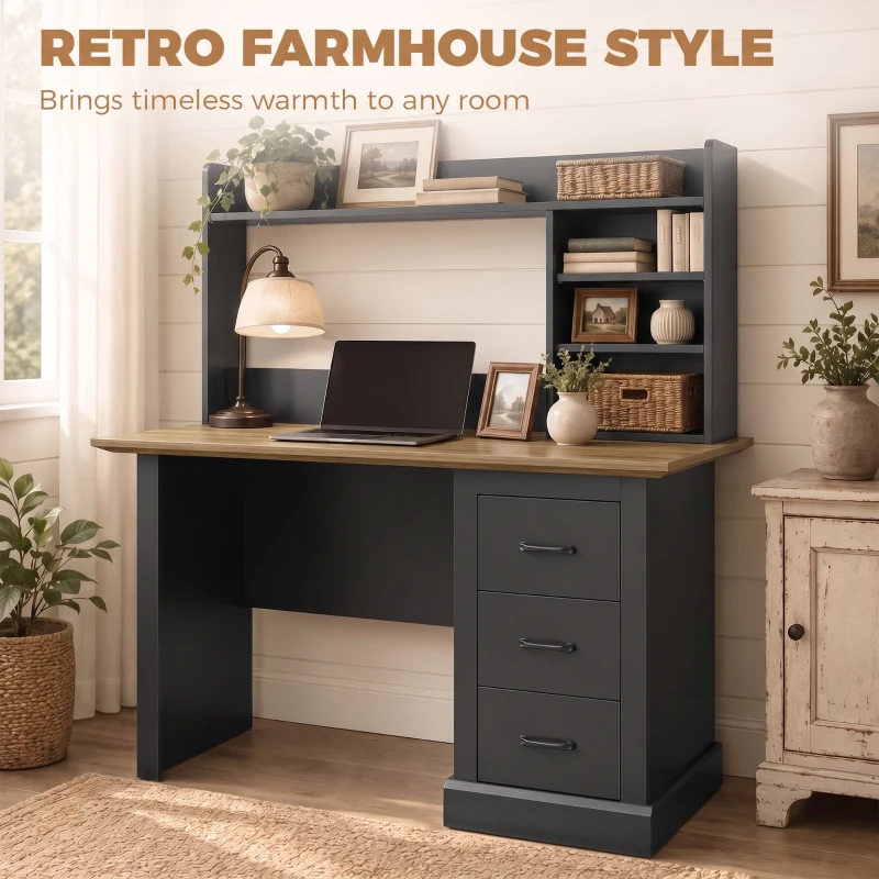 HOMCOM Computer Desk with 3 Drawers and Storage Shelves, 47" Home Office Study Writing Table, Walnut and Black