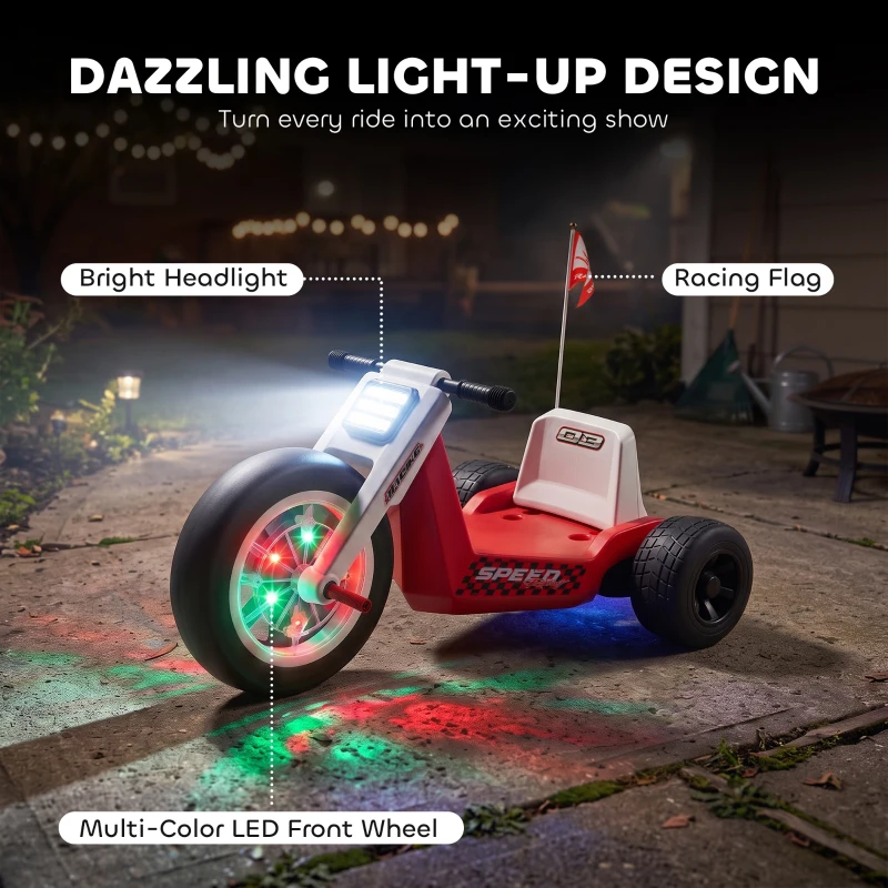 Qaba 12V Electric Car for Kids, Electric Ride On Tricycle with Soft Start, Light-Up Wheel, Adjustable Seat for 3-6, Red