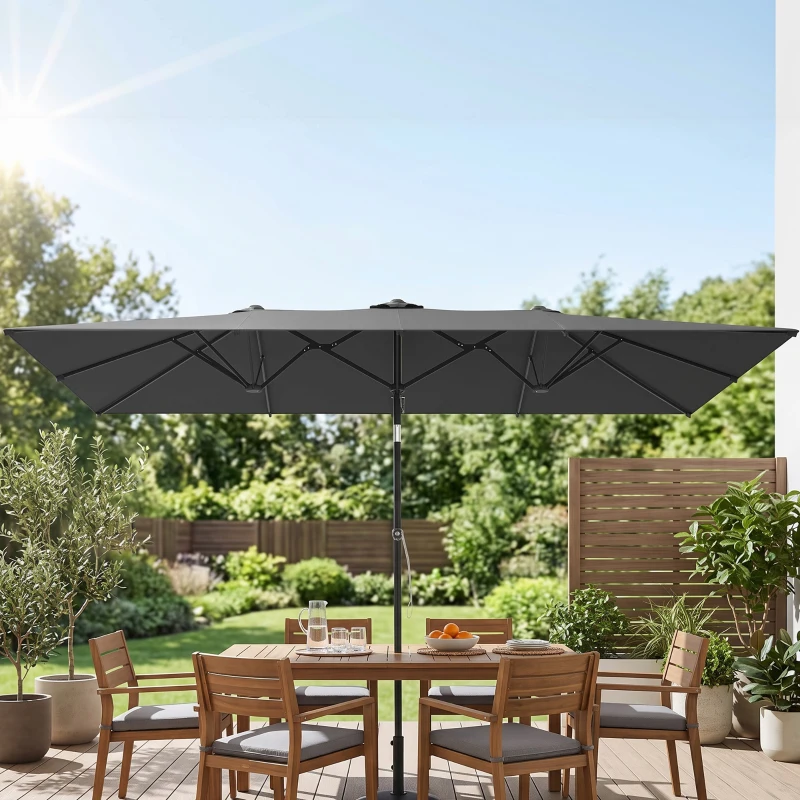 Outsunny Double-Sided Patio Umbrella Parasol with Tilt, Adjustable Height, Vents and 12 Ribs, for Garden, Deck, Grey