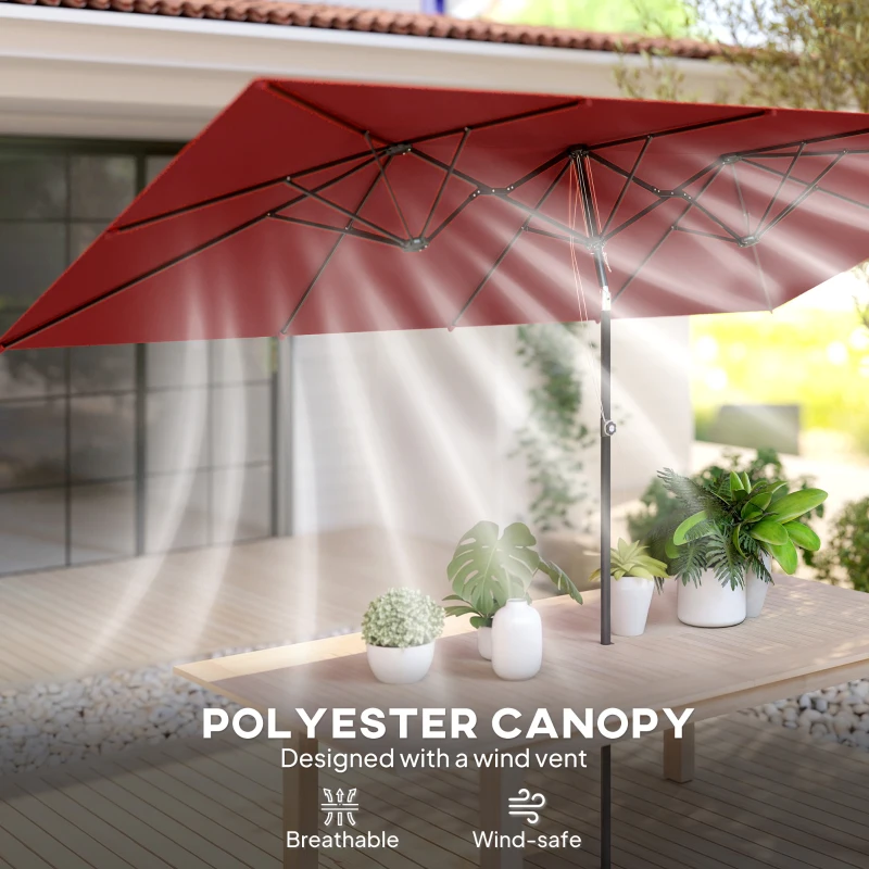 Outsunny Double-Sided Patio Umbrella Parasol with Tilt, Adjustable Height, Vents and 12 Ribs, for Garden, Deck, Pool, Wine Red