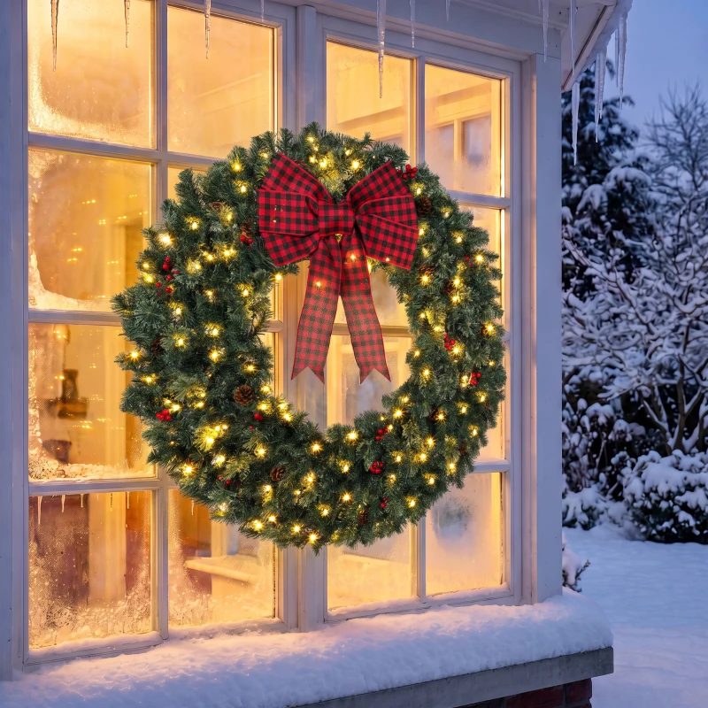 HOMCOM 36" Prelit Crestwood Spruce Artificial Christmas Wreath, Christmas Decor with Bow, 8 Modes, Red Berries, Pinecones