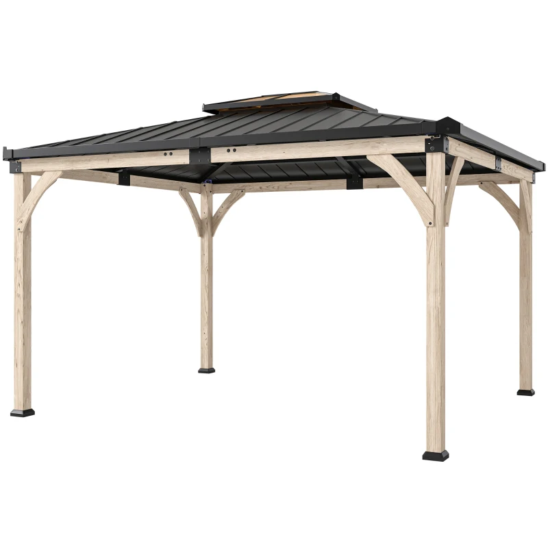 Outsunny 12' x 14' Hardtop Gazebo Canopy with Galvanized Steel Roof, Wood Frame, Double Roof Outdoor Gazebo, Light Walnut