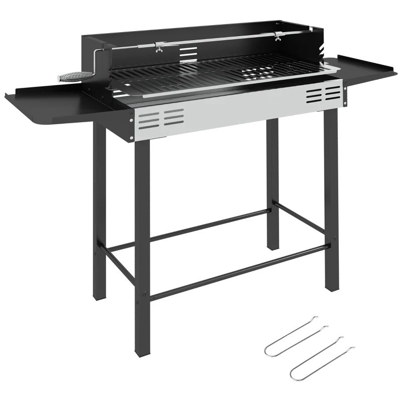 Outsunny BBQ Rotisserie Grill Charcoal, Split Roaster for Chicken Turkey, 3-Level Grill Grate, Storage Shelves, Stainless Steel