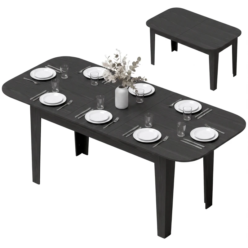 HOMCOM Extendable Oval Dining Table for 4-6, Farmhouse Expandable Kitchen Table, Round Edges, Black Wood Grain
