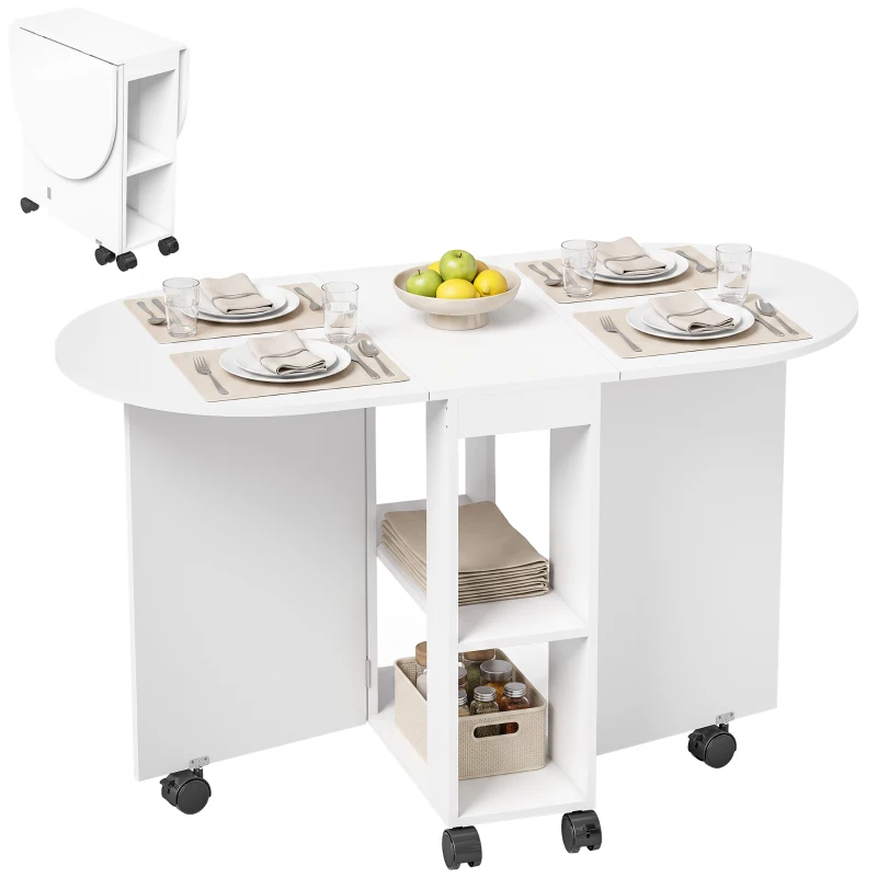 HOMCOM Folding Dining Table, Drop Leaf Table with 2 Shelves for Small Spaces, 120cm, White