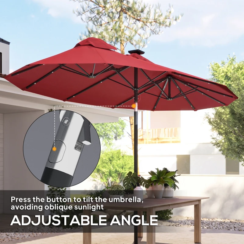 Outsunny Double-sided Patio Umbrella, 9.7' Outdoor Umbrella with Tilt and Crank, LED Solar Light and 12 Ribs, Wine Red