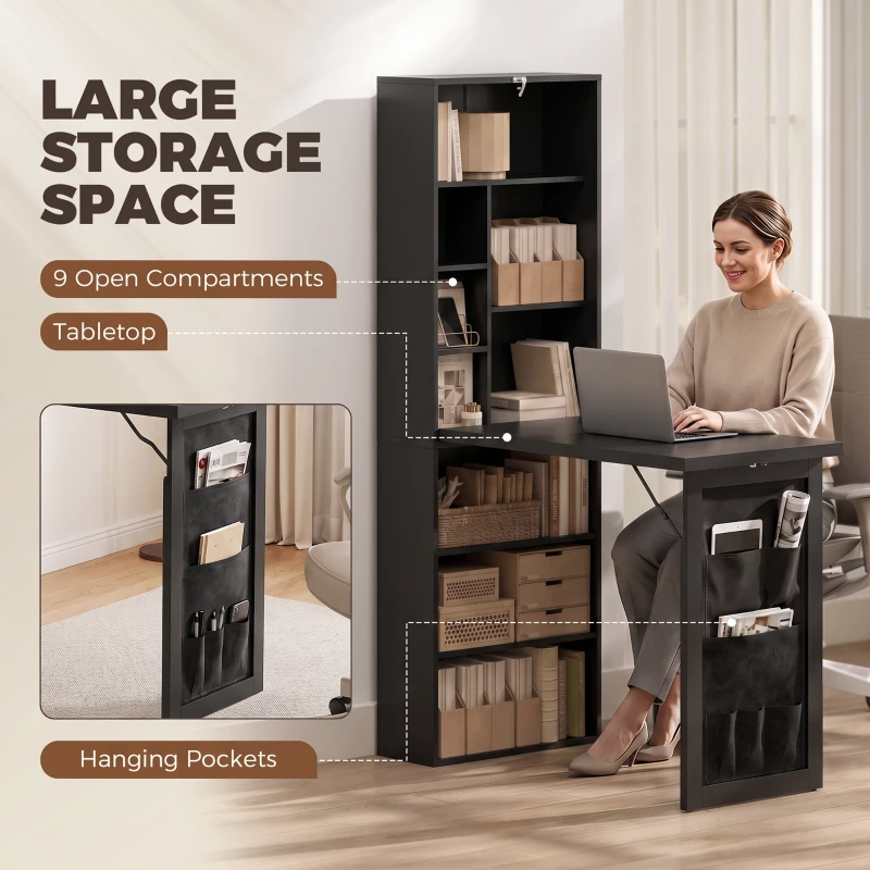 HOMCOM Foldable Convertible Writing Table with Storage Shelves, Bag, Wall-Mounted Space-Saving Computer Desk, Black