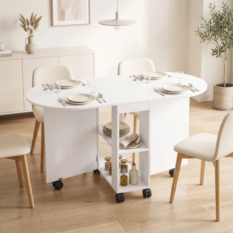 HOMCOM Folding Dining Table, Drop Leaf Table with 2 Shelves for Small Spaces, 120cm, White