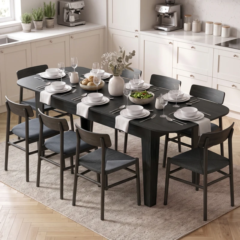 HOMCOM Extendable Oval Dining Table for 4-6, Farmhouse Expandable Kitchen Table, Round Edges, Black Wood Grain