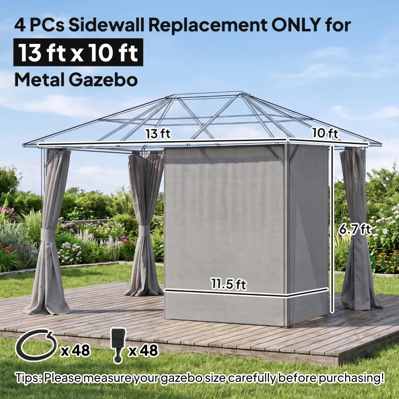 Outsunny 9.84' x 13.1' Gazebo Sidewall Set with Hooks/C-Rings, Light Gray
