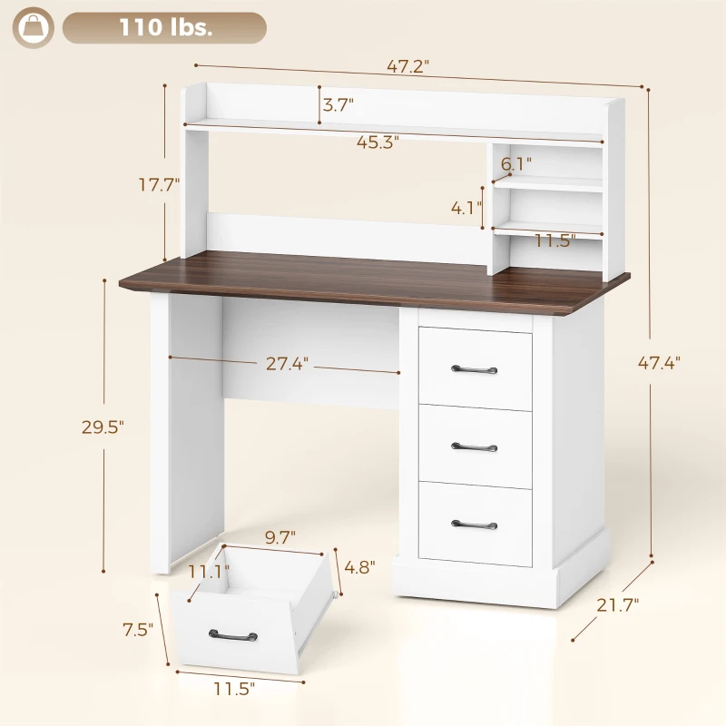 HOMCOM Computer Desk with 3 Drawers and Storage Shelves, 47" Home Office Study Writing Table, Walnut and White
