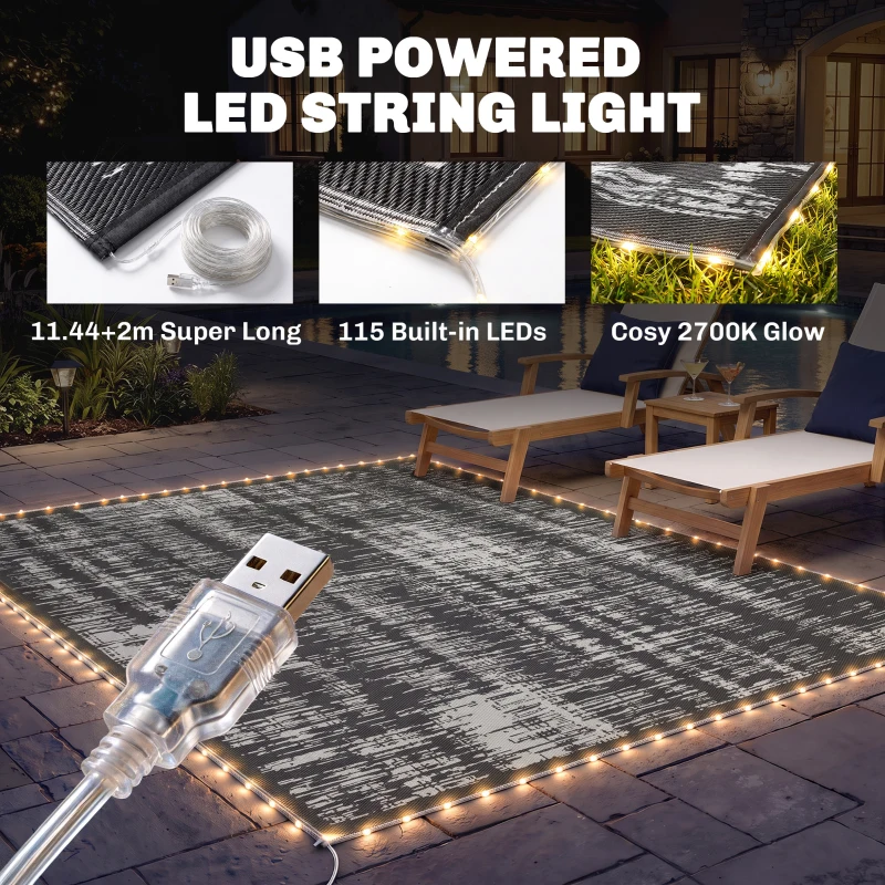 Outsunny Reversible Outdoor Rug Carpet with LED Lights, Carry Bag & Ground Stakes for Backyard, Deck, Picnic, Beach, 10' x 8'