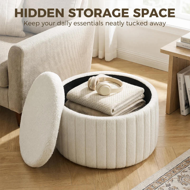 HOMCOM Round Coffee Table with Hidden Storage, Sherpa Fleece Center Table with Dual Reversible Lid for Living Room Cream White