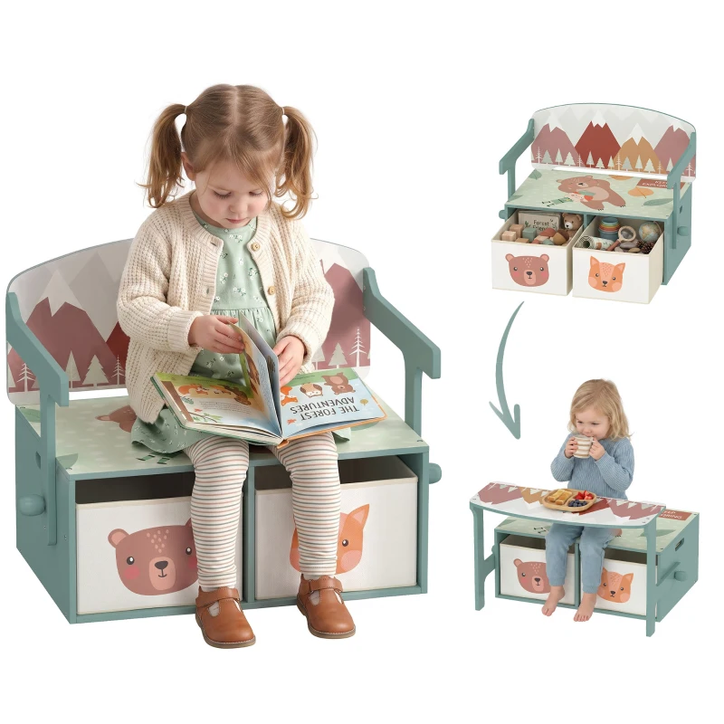 Qaba Kids Toy Box Chest, 3-in-1 Convertible Wooden Toy Storage Bench w/  2 Non-Woven Drawers, for Bedroom, Playroom, Green