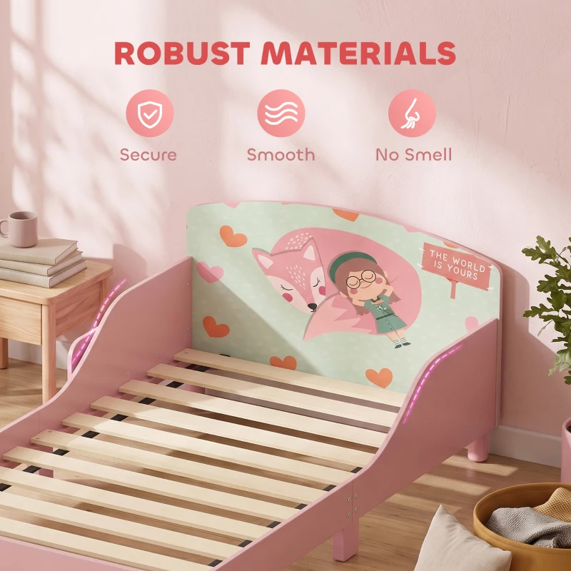 Qaba Toddler Bed with Bedside Storage and Guard Rails, Montessori Bed for Ages 3-8, Fits 132x70x10cm Mattress, Pink Fox Print