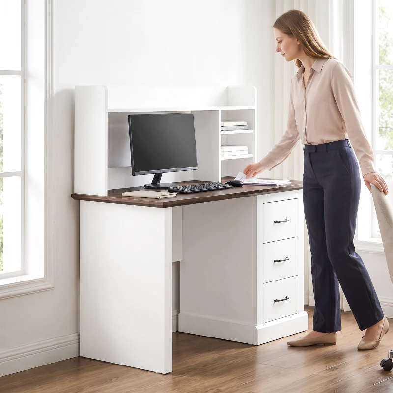HOMCOM Computer Desk with 3 Drawers and Storage Shelves, 47" Home Office Study Writing Table, Walnut and White