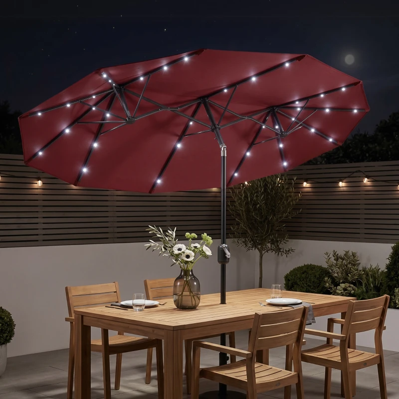 Outsunny Double-sided Patio Umbrella, 9.7' Outdoor Umbrella with Tilt and Crank, LED Solar Light and 12 Ribs, Wine Red