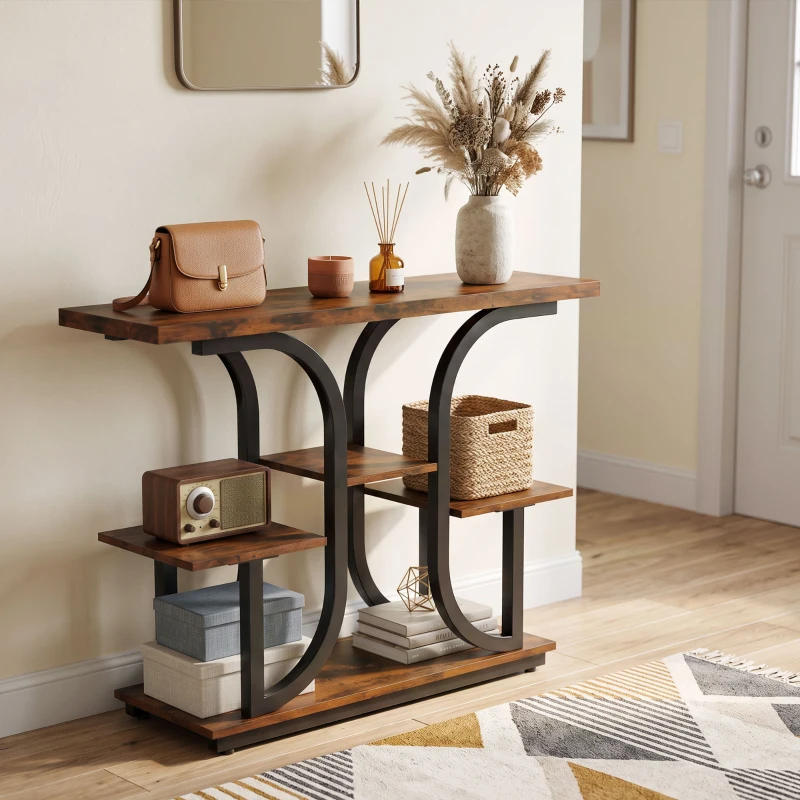 HOMCOM 42.5" Modern Console Table, 3-Tier Narrow Entryway Table with Open Storage Shelves for Entryway, Rustic Brown