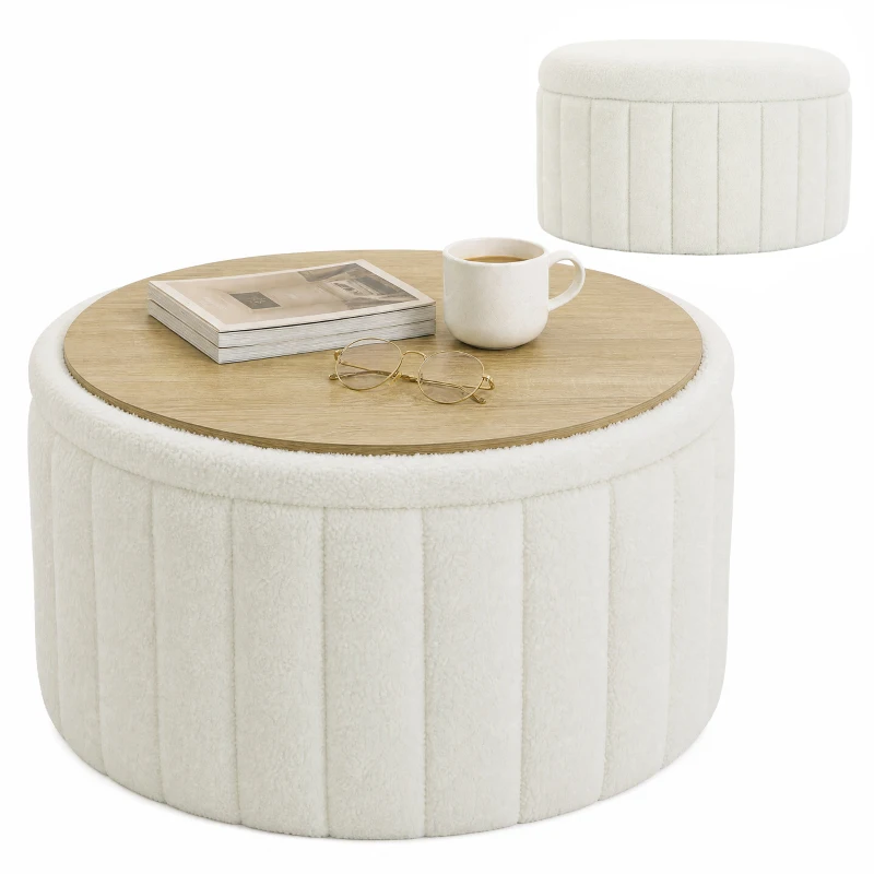 HOMCOM Round Coffee Table with Hidden Storage, Sherpa Fleece Center Table with Dual Reversible Lid for Living Room Cream White