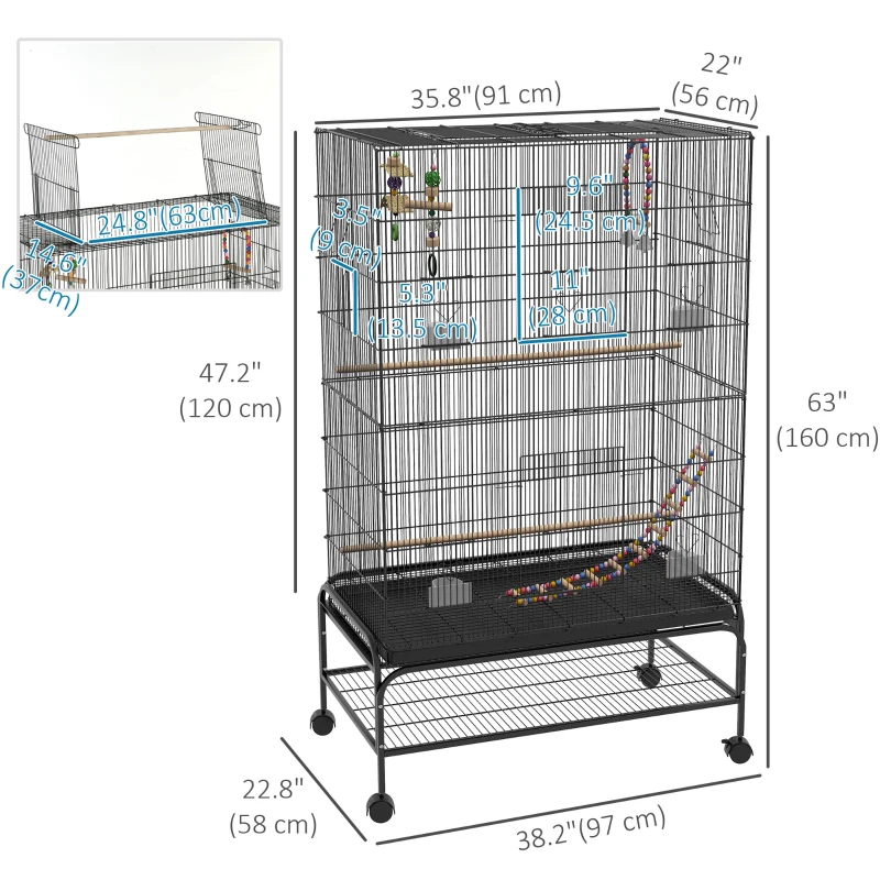 PawHut 63" Bird Cage w/ Open Top for Budgies, Cockatiels, Lovebirds Finches, Stand, Toys, Removable Tray, Storage Shelf