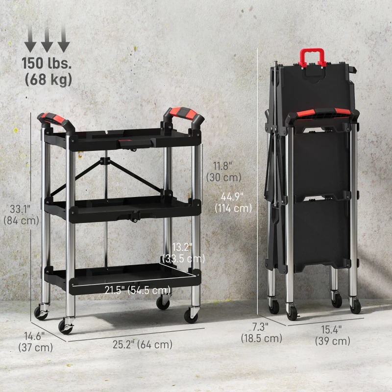 HOMCOM 3-Tier Collapsible Tool Cart with Wheels, 150 LBS Capacity Folding Utility Cart with Handles for Garage Workshop, Black