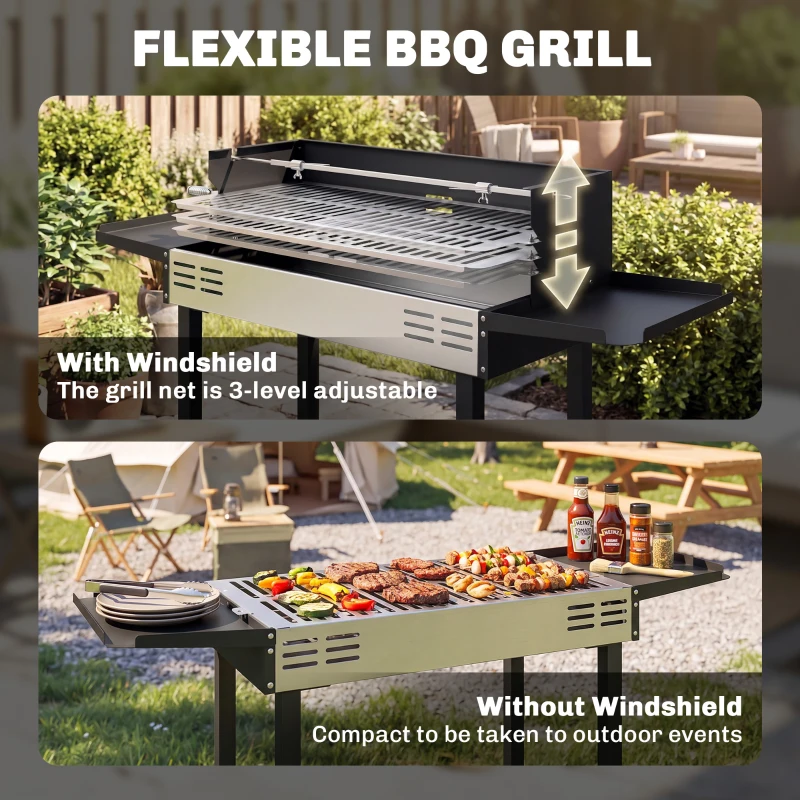 Outsunny BBQ Rotisserie Grill Charcoal, Split Roaster for Chicken Turkey, 3-Level Grill Grate, Storage Shelves, Stainless Steel
