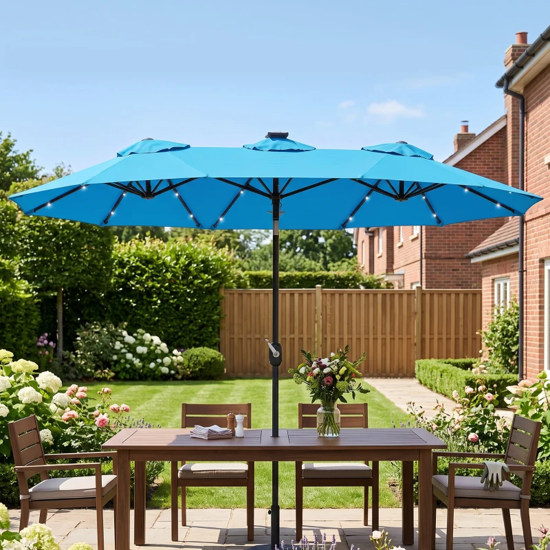 Outsunny Double-sided Patio Umbrella, 9.7' Outdoor Umbrella with Tilt and Crank, LED Solar Light and 12 Ribs, Light Blue
