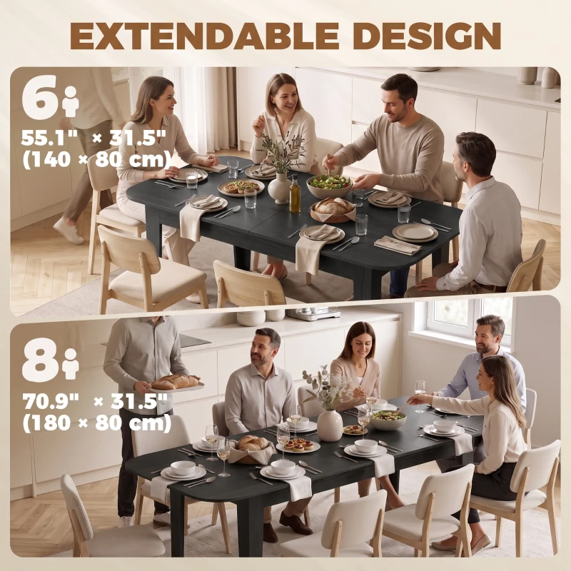 HOMCOM Extendable Oval Dining Table for 4-6, Farmhouse Expandable Kitchen Table, Round Edges, Black Wood Grain
