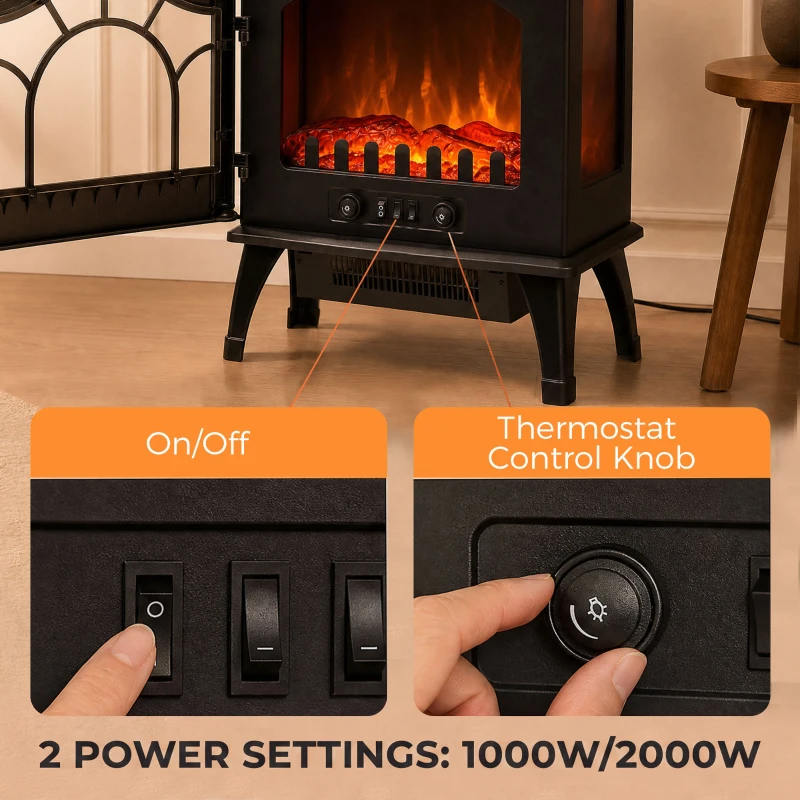 HOMCOM Electric Fireplace 1000W/2000W, Freestanding Heater with Adjustable Thermostat, Overheat Protection, 3D Flame Effect
