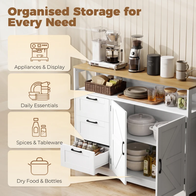 HOMCOM Sideboard Buffet Cabinet with Storage and Charging Station, 48" Farmhouse Kitchen Storage Cabinet with 3 Drawers, White
