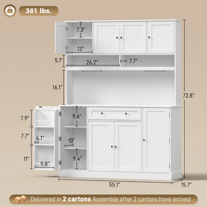 HOMCOM 73" Pantry Cabinet with Charging Station, 55" Wide Kitchen Pantry with Microwave Stand, White