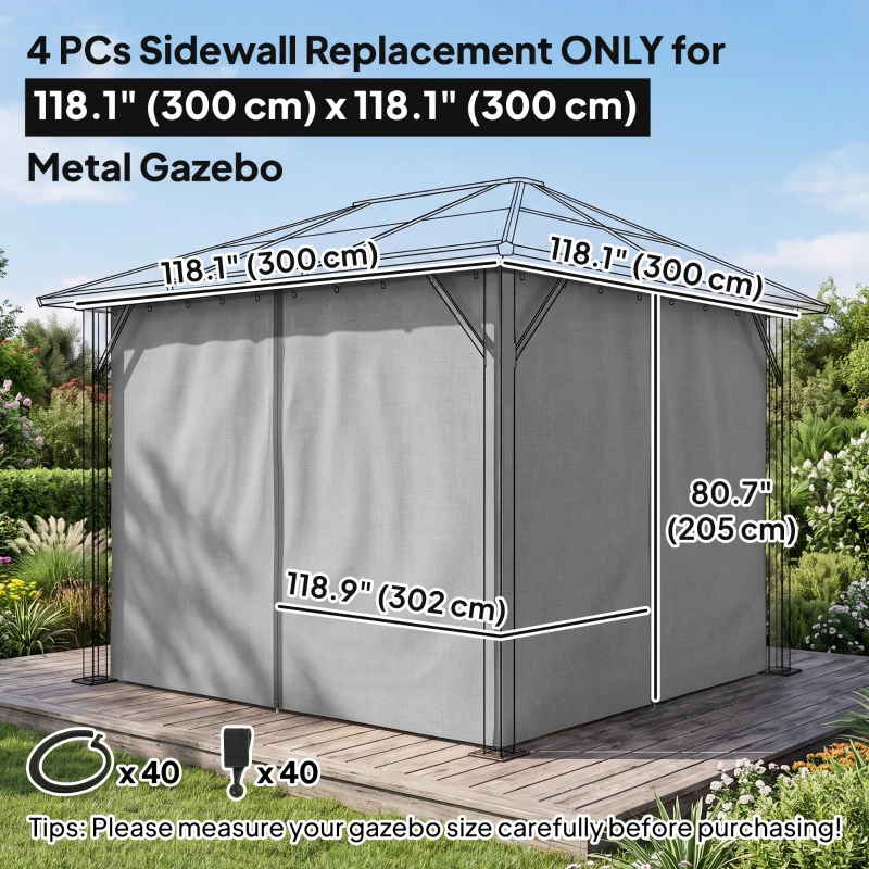 Outsunny Gazebo Curtains, 10' x 10' Universal Replacement Privacy Curtain, 4-Panels Sidewall with Hooks/C-Rings, Light Grey