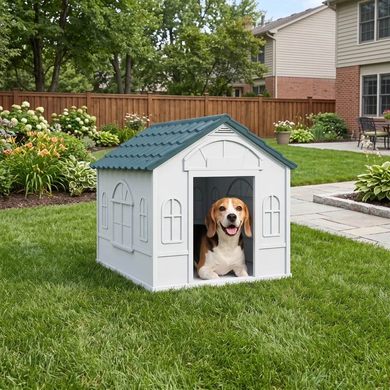 PawHut Plastic Dog House for Medium and Small Dogs, Water Resistant Puppy Shelter Indoor Outdoor with Door, Easy to Assemble, Blue
