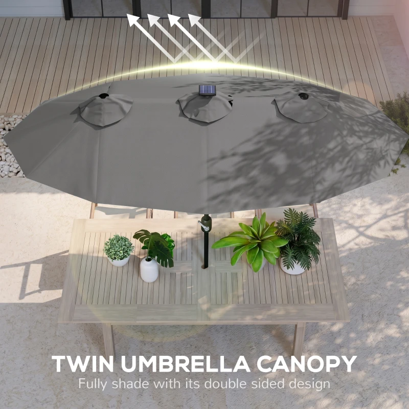 Outsunny Double-sided Patio Umbrella, 9.7' Outdoor Umbrella with Tilt and Crank, LED Solar Light and 12 Ribs, Gray
