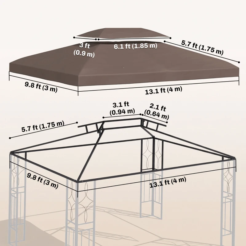 Outsunny 13' x 9.8' 2-Tier Gazebo Canopy Replacement Top Cover Outdoor Garden Sun Shade, Brown