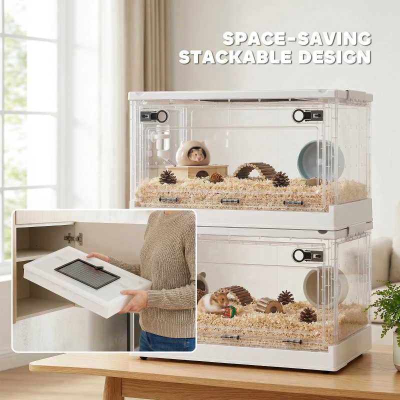 PawHut Hamster Cage, Stackable Gebril Cage with Front Door, Ventilated Small Animal Habitat for Dwarf Hamsters, Gerbils, Mice