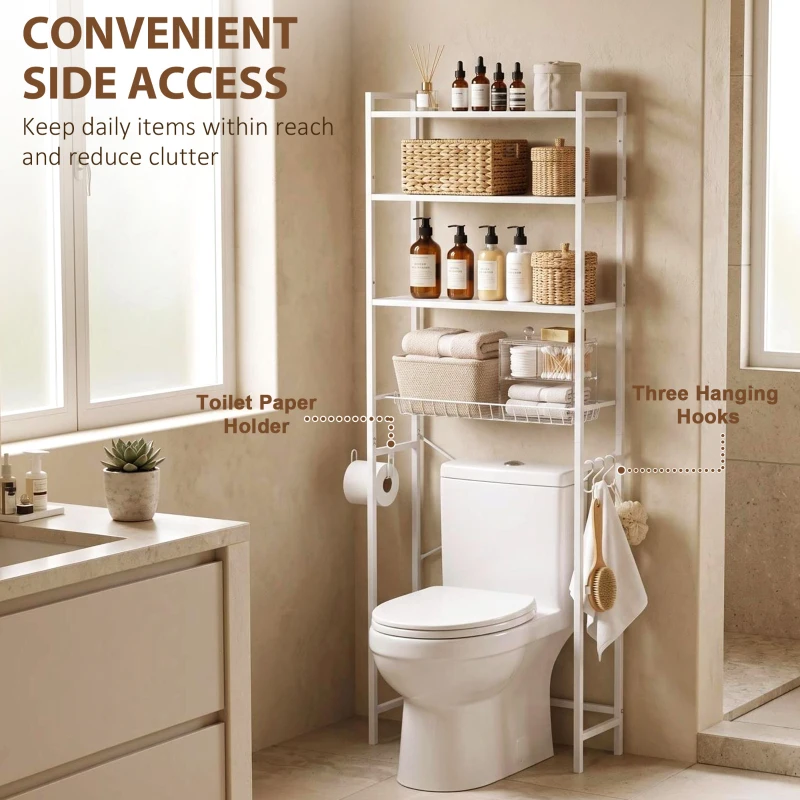 HOMCOM Over-the-Toilet Storage Shelf, 3-Tier Over-Toilet Bathroom Organizer with Adjustable Shelves and Pull-Out Basket, White