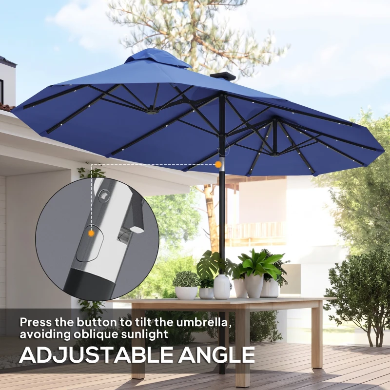 Outsunny Double-sided Patio Umbrella, 9.7' Outdoor Umbrella with Tilt and Crank, LED Solar Light and 12 Ribs, Navy Blue