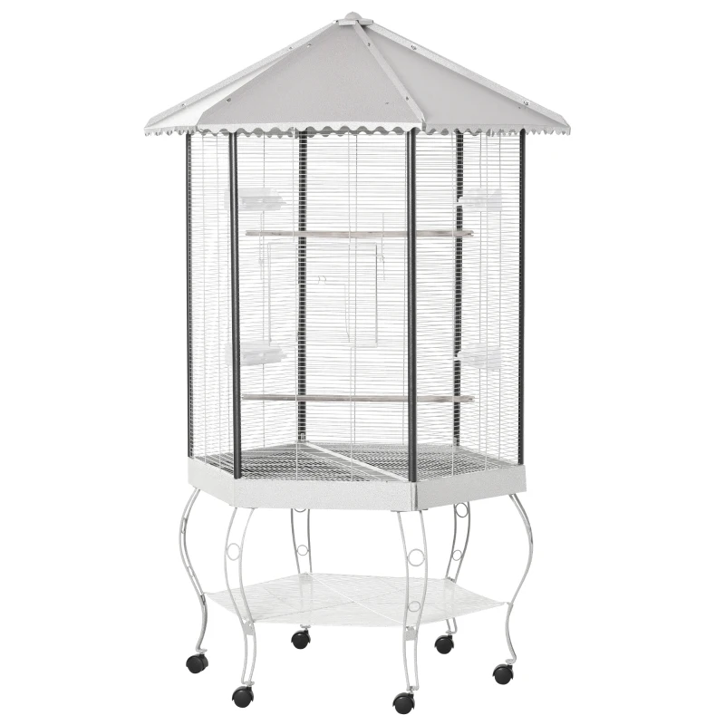 PawHut 77" Flight Bird Cage Hexagon Covered Canopy Portable Aviary With Storage