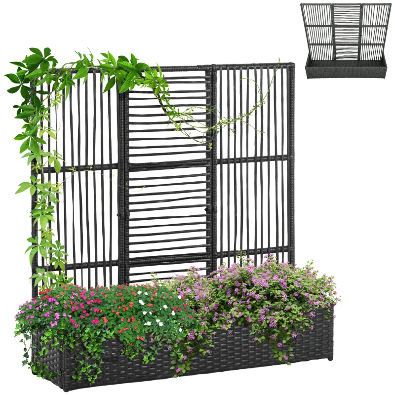 Outsunny Raised Garden Bed with Lattice Trellis, Rattan Outdoor Planter with Storage for Garden, Patio, Balcony, Black
