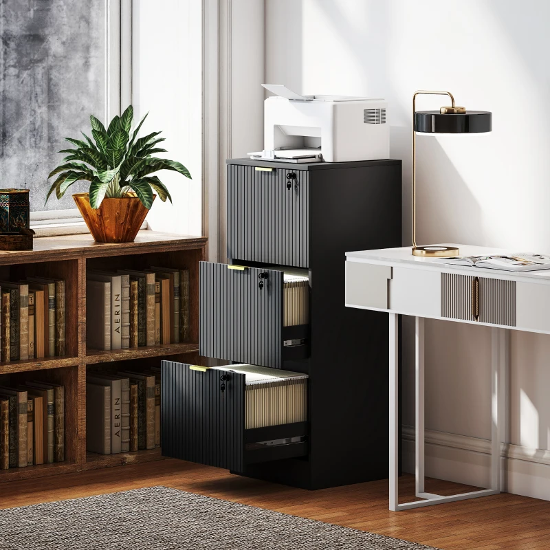 HOMCOM Lockable Filing Cabinet with 3 Fluted Drawers, File Cabinet with Adjustable Hanging Rails for A4 Letter Files, Black