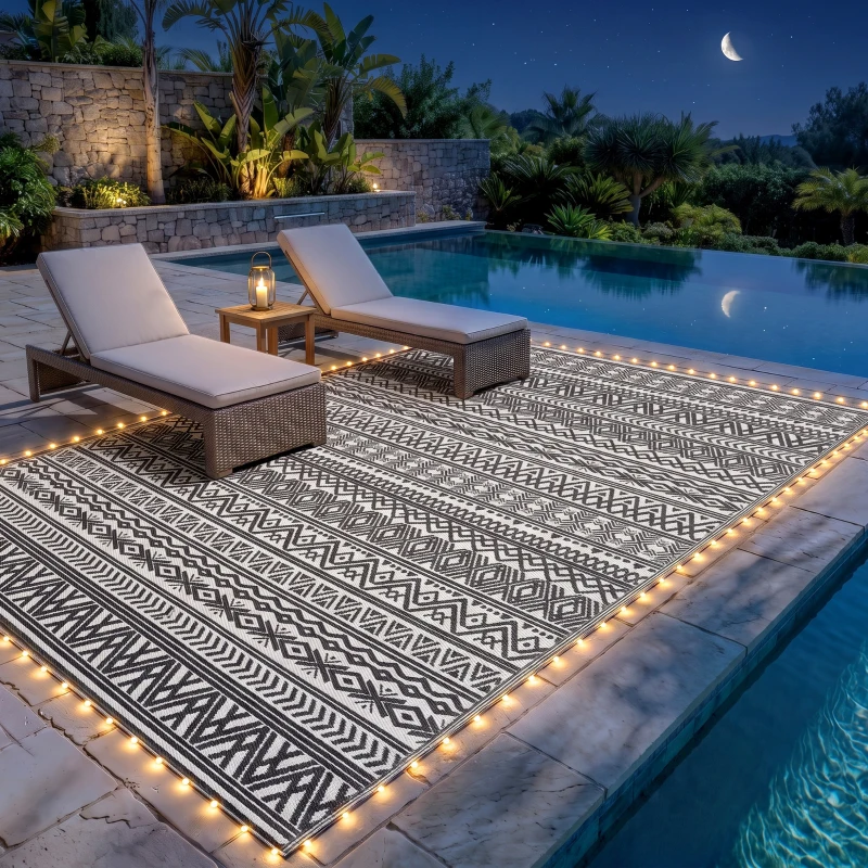Outsunny Outdoor Rug Carpet with USB Lights Reversible Patio Rug with Carry Bag for Camping 12' x 9'